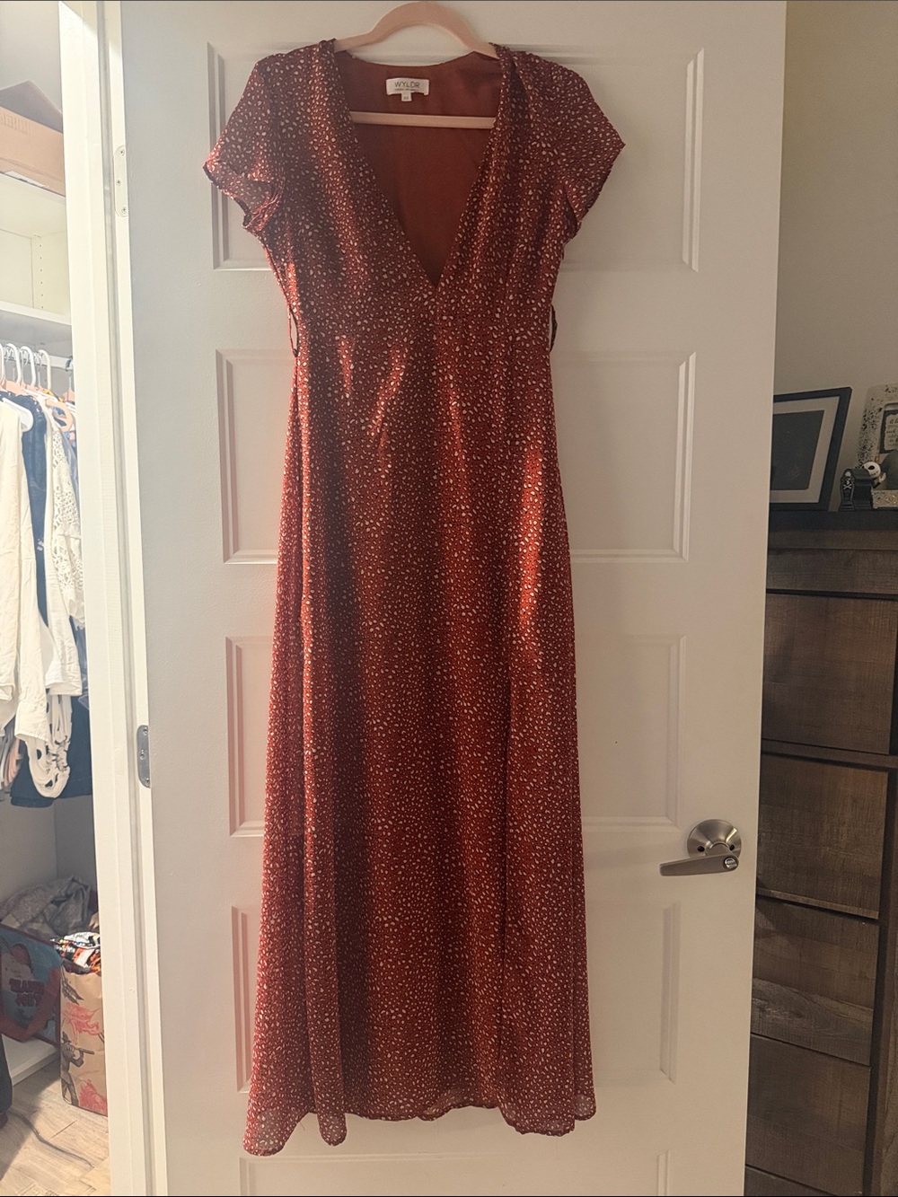 WYLDR Rust Animal Print Maxi Dress XS Boho Deep V Short Sleeve